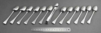 Rat-Tail Trefid Silver Teaspoon and Tongs Set (12 Teaspoons, 1 Sugartongs)